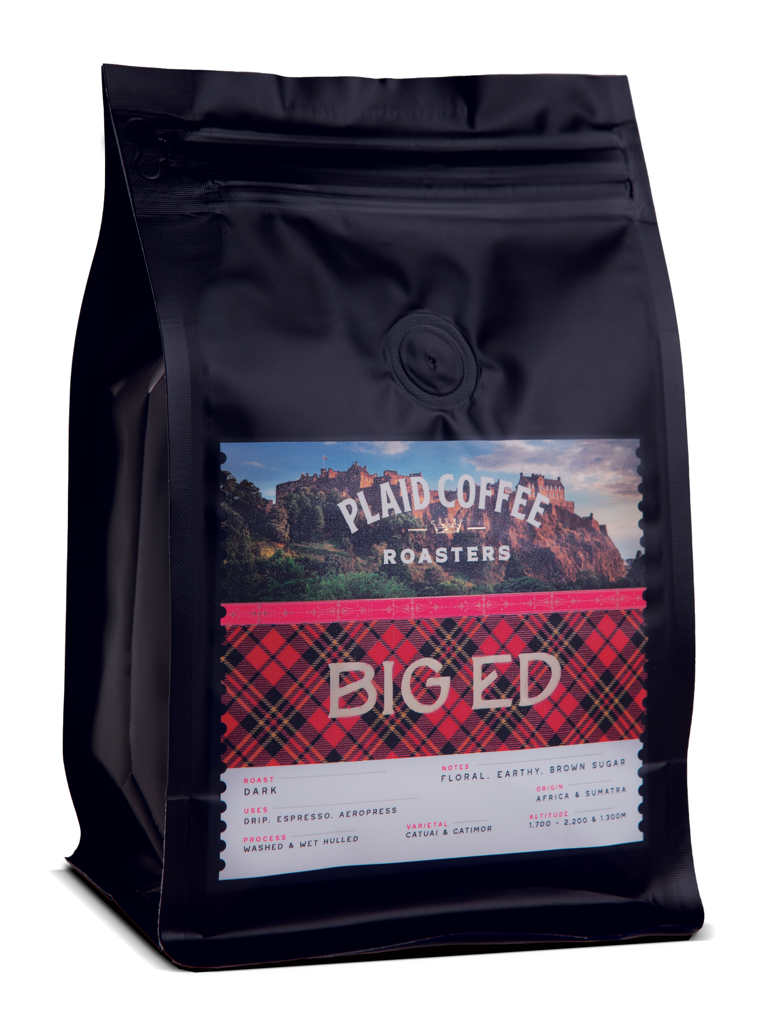 Plaid Coffee Big Ed dark roast bag, matte black with a teal label