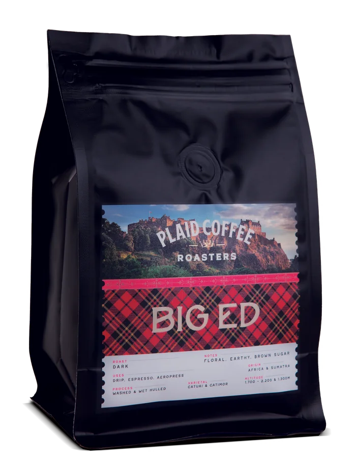 Plaid Coffee Big Ed dark roast bag, matte black with a teal label