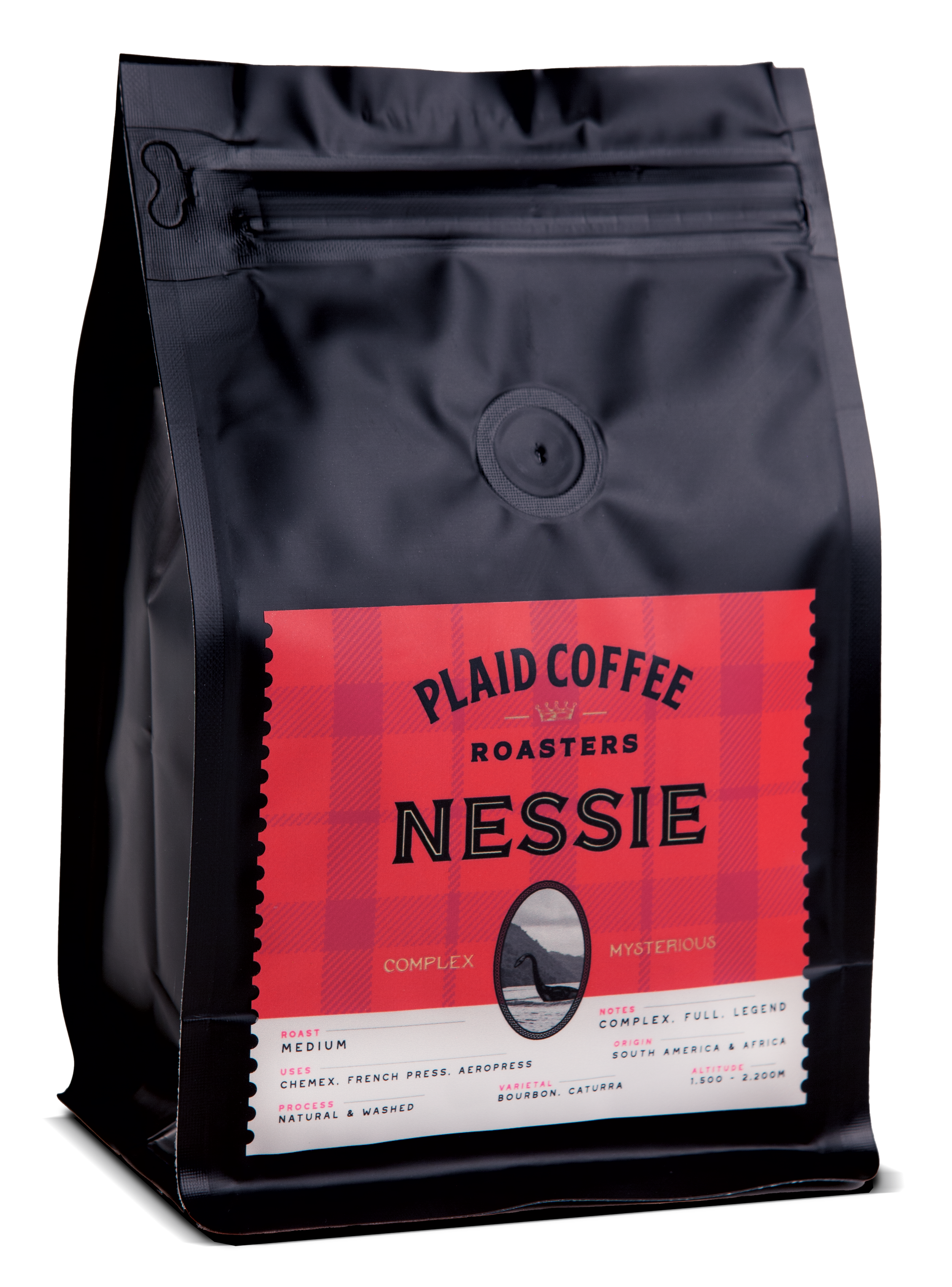 Plaid Coffee Nessie medium roast bag, matte black with a red label