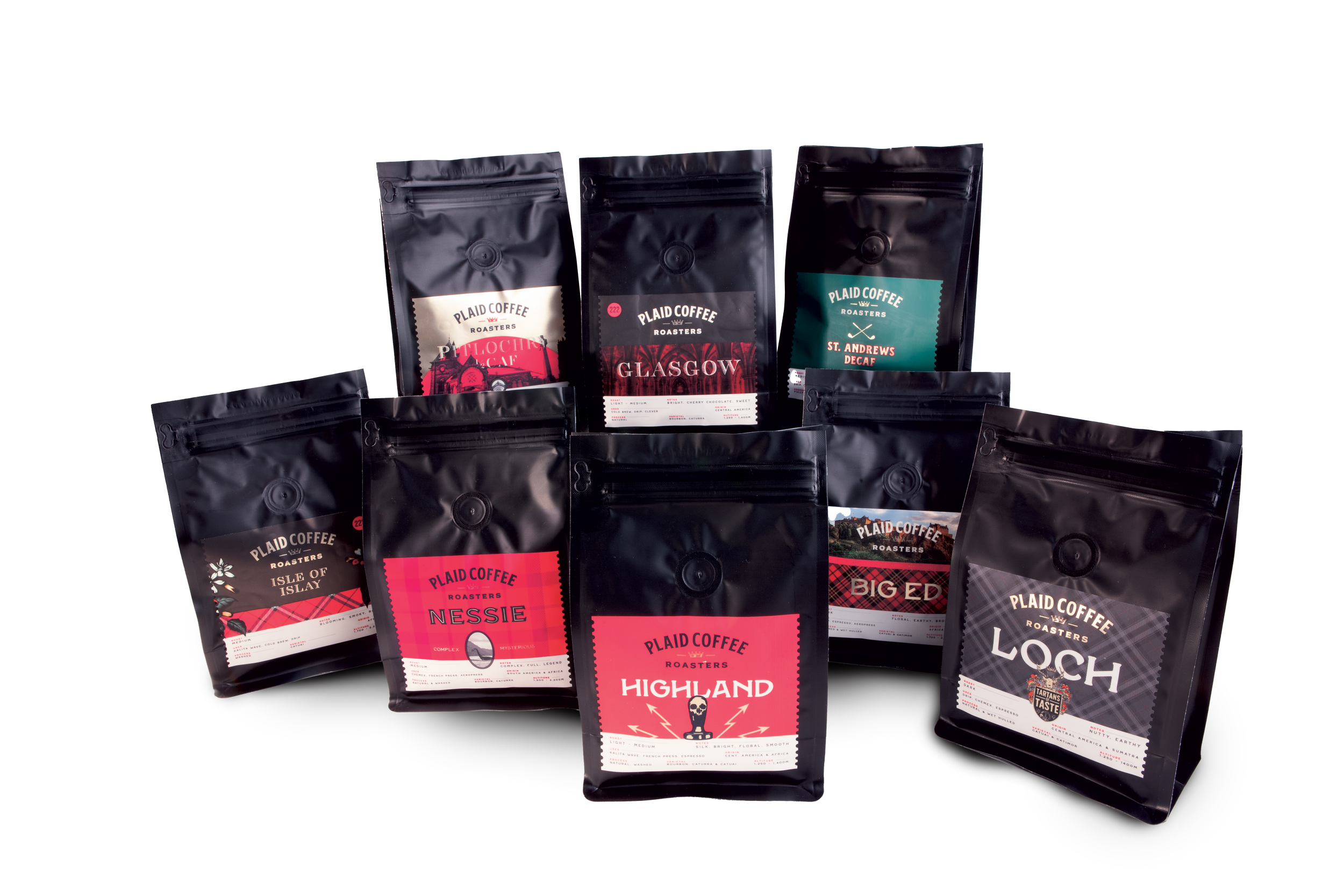 The full lineup of Plaid Coffee bags grouped together