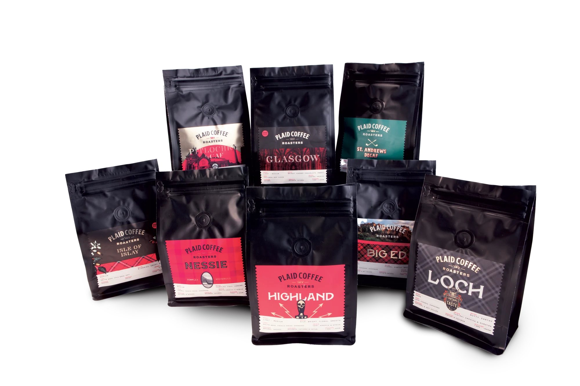 The full lineup of Plaid Coffee bags grouped together