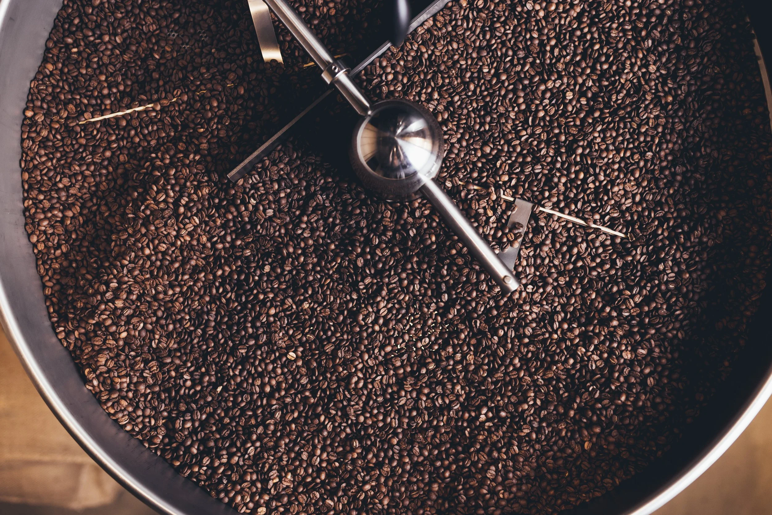 Top-down view of a coffee roaster drum loaded with green beans